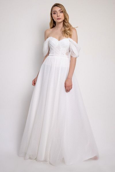 Lenta Moda White Polka Dot Engagement and Evening Dress