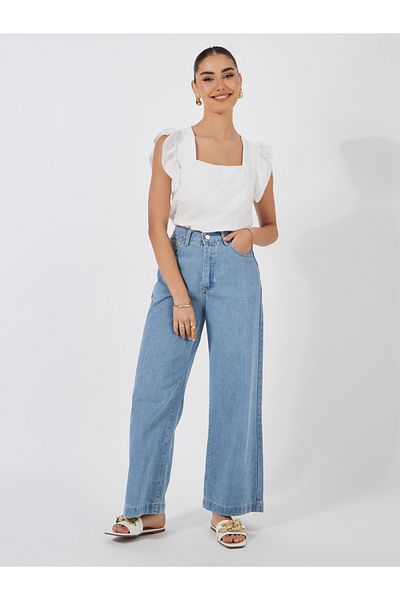 Styli Square Neck Woven Top with Flutter Sleeves