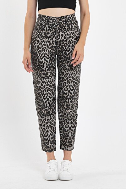EXPLODE - Kadın Leopar Desenli Yüksek Bel 5 Cep Mom Fit Denim Pantolon