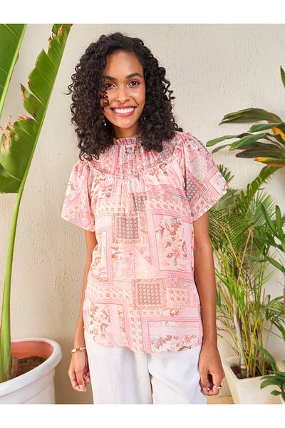 Sassafras By Styli Patchwork Print Frill Neck Top
