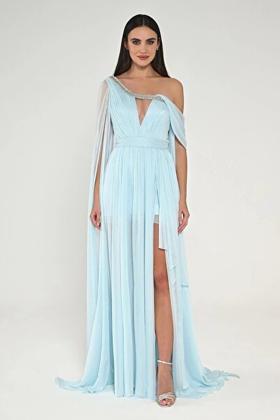 ALFABETA Tek Şal Kol Yakası Taşlı Drapeli Şifon Uzun Elbise