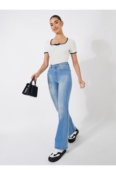 Styli Solid Ribbed Top with Piping Detail & Square Neck