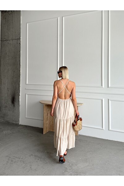 R&G RIMANERE GIOVANI Cream Beige Thin Strap Backless Loose Women's Dress