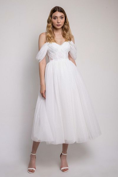 Lenta Moda Γυναικείο βραδινό Μίντι Μήκος Λευκό Πουά Φόρεμα
