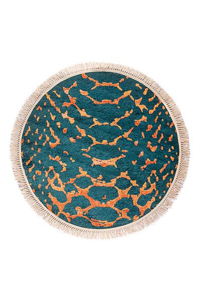 In House Velvet Turkish Round Decorative Carpet -Blue & Gold - 120x120 cm