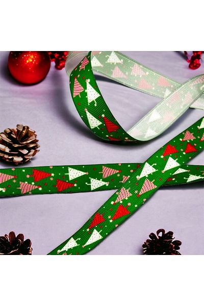 BukiroAtelier 2 Meters Patterned Pine Tree Christmas Ribbon - Packaging Ribbon