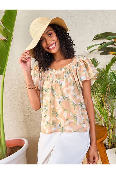 Sassafras By Styli Floral Sweetheart Neck Flared Sleeve Top
