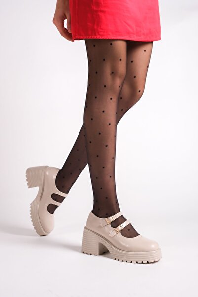 Entella Store Women's High Heeled Beige Patent Leather Oxford Shoes