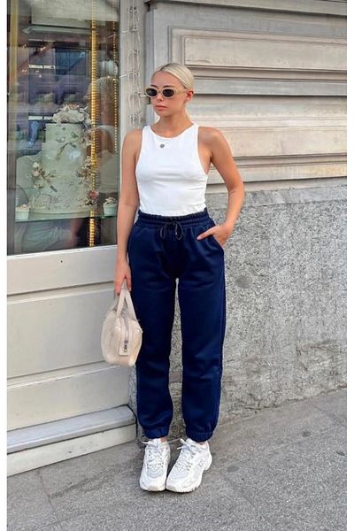 NO 601 Pantaloni de sport cu lână cu talie înaltă, albastru-marin, cu 3 fire