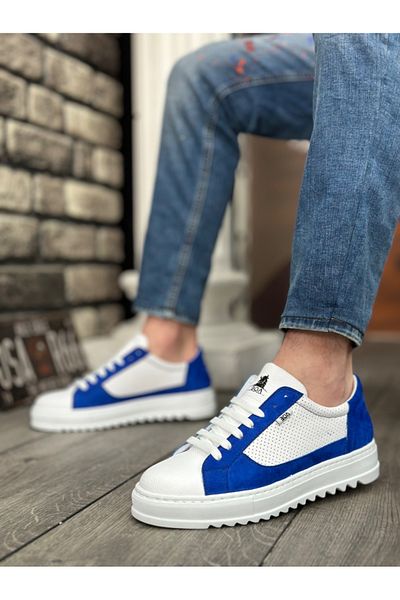 BOA Ba0323 High Sole and Laced White Blue Sports Men's Shoes - Thick Serrated