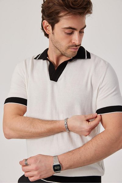NOMARC Tricou alb-negru din tricotaj cu guler cu dungi