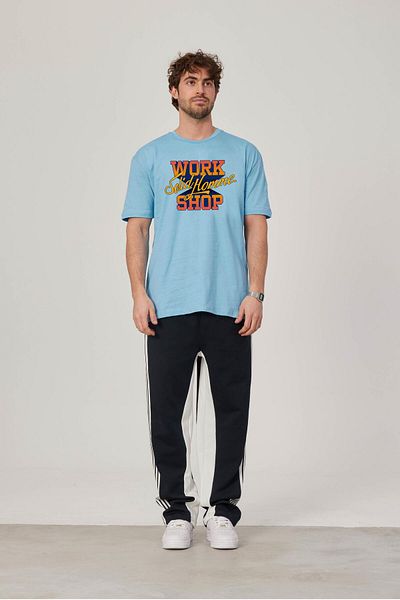 NOMARC Tricou albastru cu imprimeu colorat pentru magazin de lucru