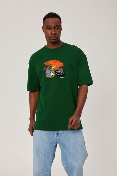 NOMARC Πράσινο T-Shirt - Πολύχρωμο σχέδιο με στάμπα ηλιοβασιλέματος