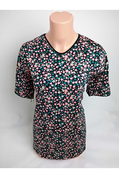 YAŞAR TRİKO Black Green V-Neck - Summer Viscose Mother's Combed Cotton T-Shir...