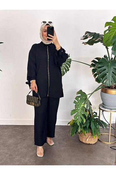 ASEL FASHİON Beaded Cotton Linen Set Black