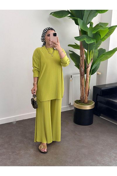 ASEL FASHİON Pistachio Green Pleated Sandy Double Set