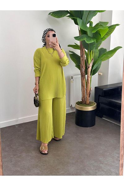 ASEL FASHİON Pistachio Green Pleated Sandy Double Set