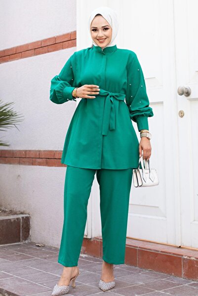 MİSSKAYLE Πράσινο Κοστούμι Hijab - Λεπτομέρεια μαργαριταρένιου μανικιού