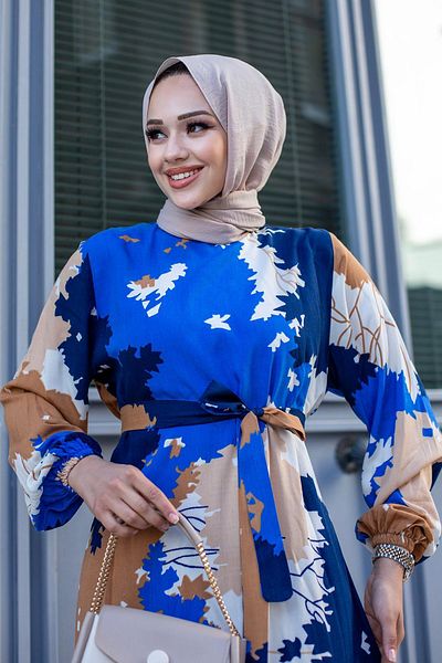 MİSSKAYLE Saks Colorful Leaf Patterned Hijab Dress