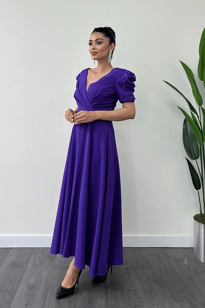 giyimmasalı Pearl Detailed Atlas Midi Dress - Balloon Sleeve, PURPLE