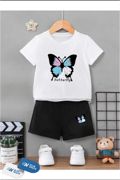 SİNSER TEKS Set de tricou și pantaloni scurți cu imprimeu „Fluture” pentru fete