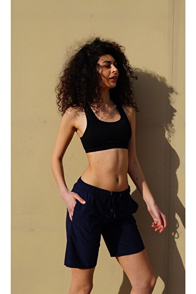 Miami Beach Kadın Büyük Beden Lacivert Düz Renk Hızlı Kuruyan Kumaş Iki Yan Cepli Uzun Boy Mayo Deniz Şortu