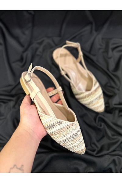 MİSS PARK MODA Beige Straw Stone Stylish Summer Slippers - Comfortable Pointed Toe Open Back Sandals