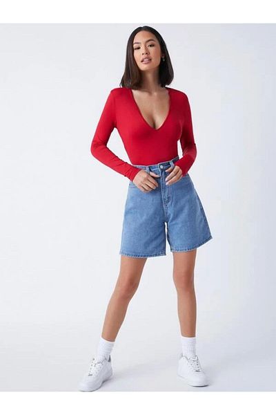 PERLAVİSTA Women's Long Sleeve Red Silk Jersey Bodysuit