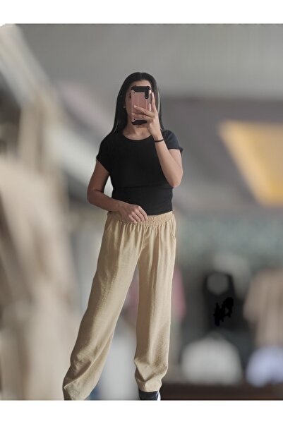 Sublime Butik Kadın Müslin Ayrobin Kumaş Bej Pantolon