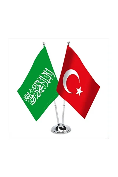 Vatan Bayrak Green Tevhid Flag + Turkish Flag - Table Top Chrome Pole