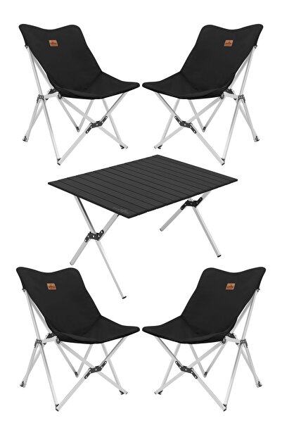 TuruncuFil Alüminyum Large Kamp Masası ve 4 adet Kamp Sandalyesi 5'li Set