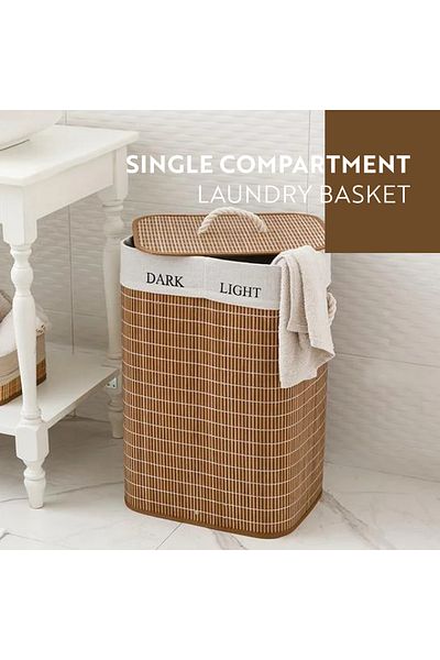 English Home Coș de rufe pliabil din bambus de 72 L - 2 compartimente, capac negru Remo
