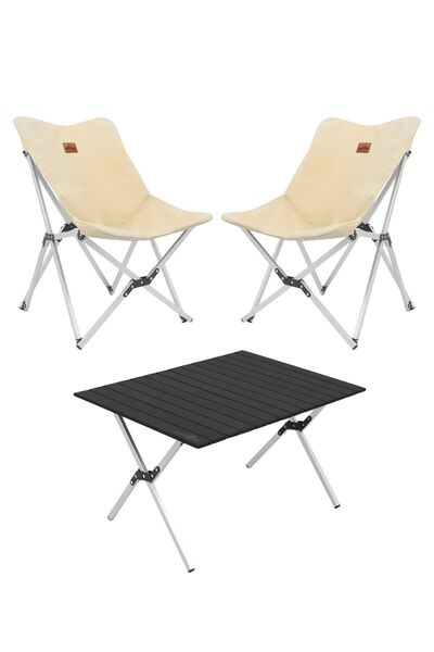 TuruncuFil Alüminyum Large Kamp Masası ve 2 adet Kamp Sandalyesi 3'lü Set