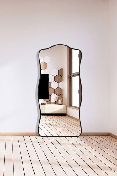 Mirze Life 180x70cm Asimetrik Tasarım Siyah Boy Aynası, Büyük Boy Modern Duva...