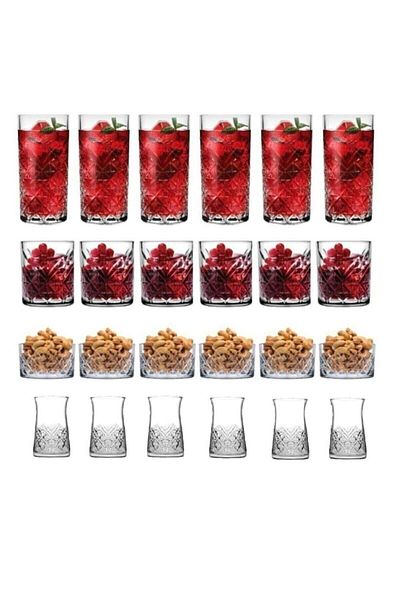 Paşabahçe Timeless 24 Piece Soft Drink Water - Snack Bowl and Tea Glass Set Dowry Set