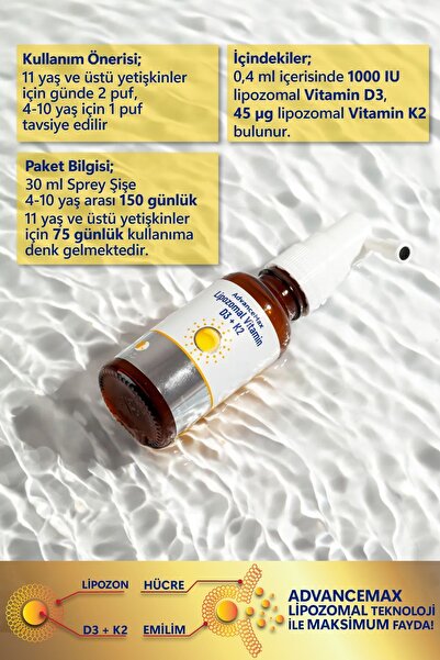 AdvanceMax Lipozomal D3 K2 Sprey 1000 Iu 30ml