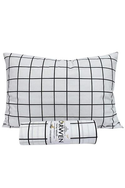 CARWEN TEKSTİL Ranfors Cotton Black and White Checkered Oversize Fabric Elastic Sheet 180x200