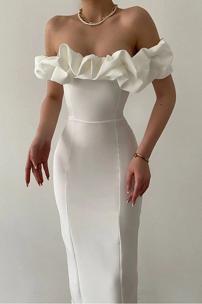 WOMAN VISION Dámské šaty Atlas Fabric s límečkem bez ramínek a s detailním rozparkem bílé midi tužkové šaty 219