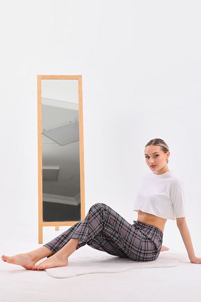 Arvin Pijama Plaid Printed Cotton Soft Homewear Gray Summer Pajama Bottoms