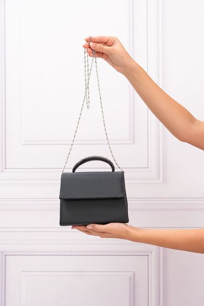 ROZA CANTA Women's Black Satin Shoulder Bag with Stone Handle Detail