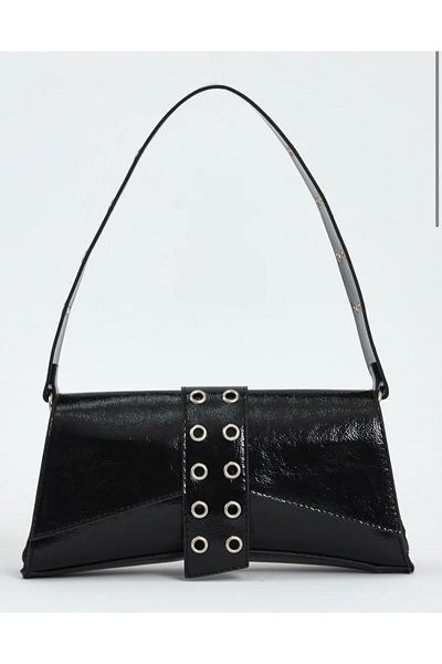 Mercan Stores Women's Black Studded Asymmetrical Baguette Hand and Shoulder Bag