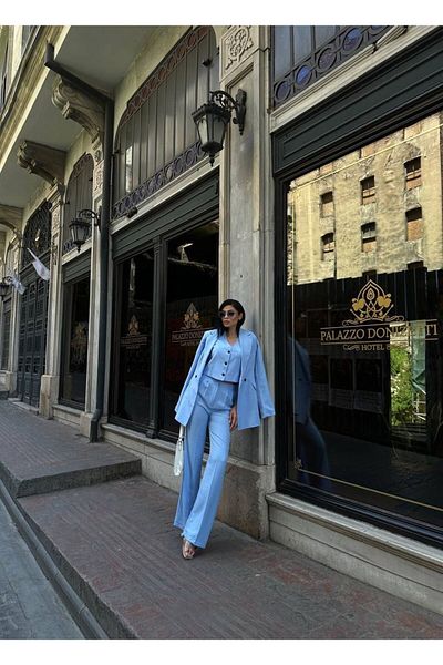Moda İkra New Trend 3 Piece Blue Linen Set - Jacket, Pants and Vest