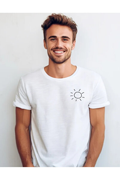 AEMİ Tricou oversize alb - imprimat la soare, 100% bumbac, unisex cu decolteu