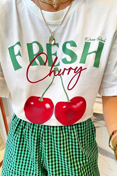 AEMİ Tricou oversize alb cu imprimeu cireșe pentru damă - 100% bumbac, guler ...