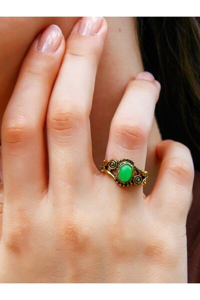 esha خاتم نسائي من الحجر الطبيعي الأخضر العتيق المطرز قابل للتعديل - euy36ya