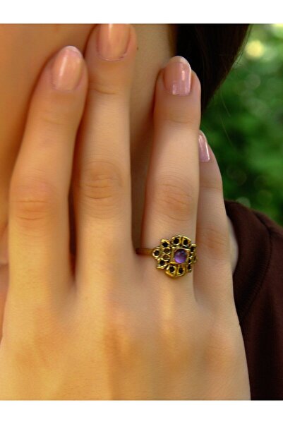 esha حجر الجمشت الطبيعي - خاتم نسائي عتيق قابل للتعديل euy37at