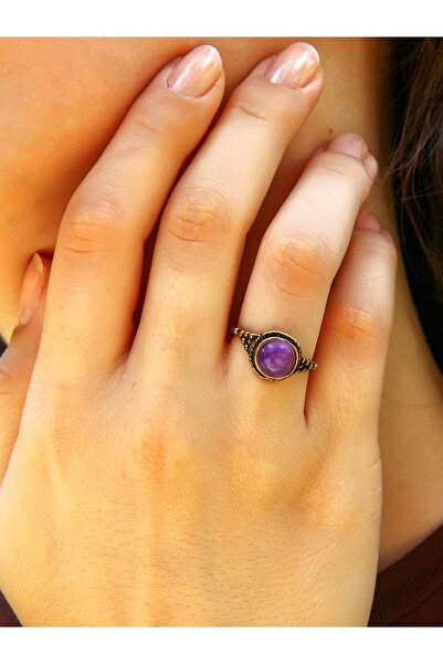 esha حجر الجمشت الطبيعي المستدير - خاتم نسائي قابل للتعديل euy35a