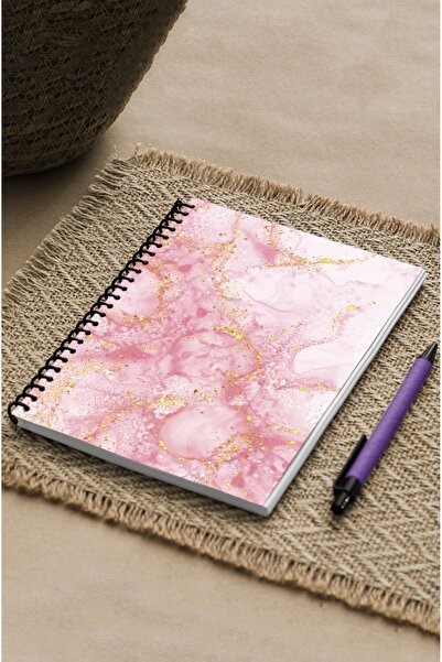 kutuTR 15x21 Vip Modelist Notebook - Pink Marble Pattern, Wooden MDF Cover, 100 Sheets Lined, 80gr/m2 Ç515