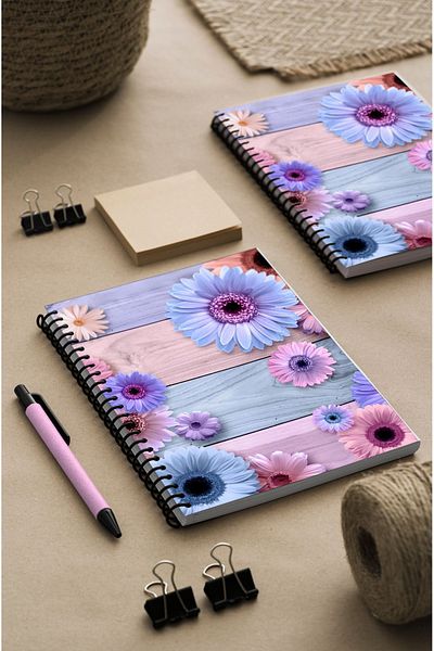 kutuTR Blue Pink Floral Pattern - Wooden MDF Cover, 100 Sheets Line Vip Modelist Notebook 80gr/m2 Ç503