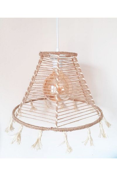 C&A&B KUZEY AVİZE Ecru Wicker Rope Wrapped Fringed Design Pendant Chandelier